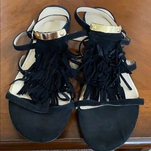 Black Fringe Flat Sandals with Gold Accent Size6.5